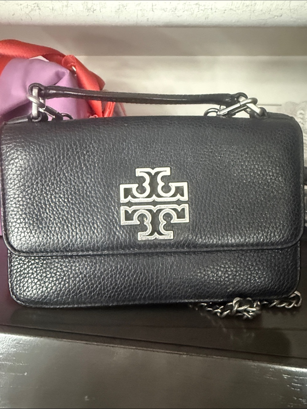 Tory Burch Black Pebbled Leather Chain Crossbody with Silver Logo